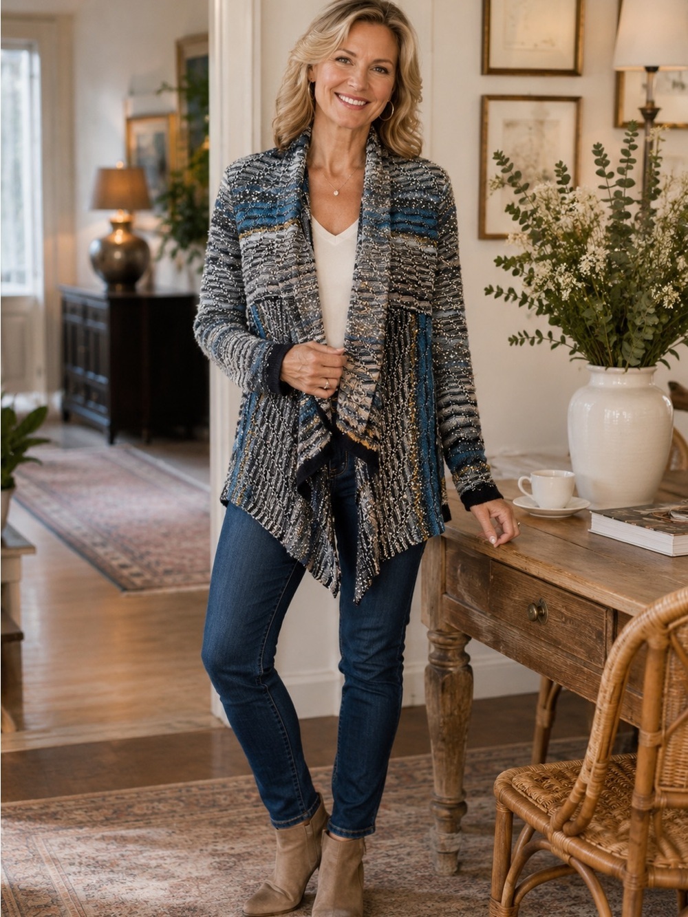 NIC+ZOE Blue Zig Zag Striped Open Front Linen Blend Cardigan Sz XS Lagenlook